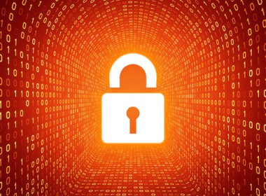 a white padlock going down an orange digital tunnel with ones and zeros