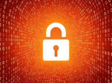 a white padlock going down an orange digital tunnel with ones and zeros