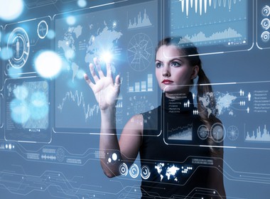 a woman touching a futuristic screen interface