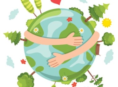 drawing of the earth blooming and two arm hugging the earth