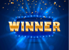 WINNER in gold letters on a blue background