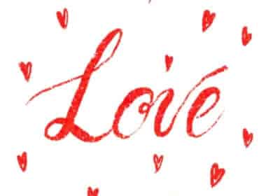the word LOVE in red handwriting on a white background with little red hearts