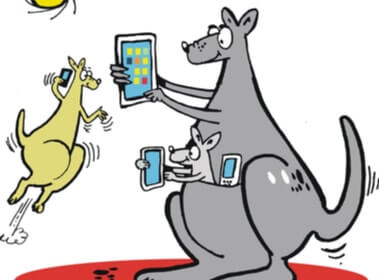 Keluarga kanguru yang bahagia memainkan kasino Australia di ponsel dan tablet mereka