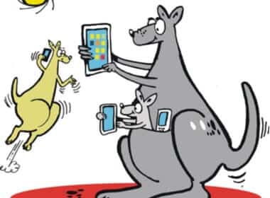 Happy kangaroo family playing an Aussie casino on their phones and tablets