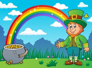 drawing of a leprechaun and a pot of gold at the end of a rainbow