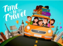 a colorful cartoon of a family in their car setting out on a road trip vacation with urban and country images in the background