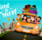 a colorful cartoon of a family in their car setting out on a road trip vacation with urban and country images in the background