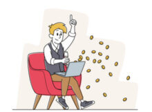 a smiling online casino gamer playing on his laptop with coins flying out of his computer representing the bonus he just accepte