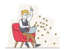 a smiling online casino gamer playing on his laptop with coins flying out of his computer representing the bonus he just accepte