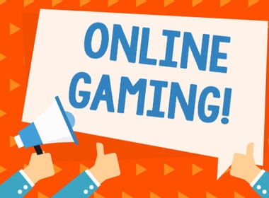 visual penuh warna GAMING ONLINE dalam huruf biru muda dengan latar belakang putih dengan kata-kata yang diacungi jempol