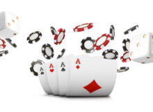 a graphic of playing cards, dice, and chips that hint at the possibilities in color, graphics, and animation at online casinos