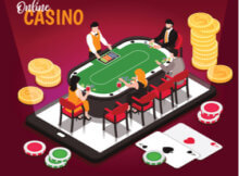 a computerized graphic of four online gamers around a gaming table. The men are in suits and the women are dressed elegantly.