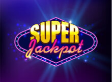 the words super jackpot in yellow and orange set in a purple diamond shape with rounded edges to the right and left