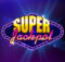 the words super jackpot in yellow and orange set in a purple diamond shape with rounded edges to the right and left