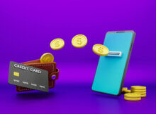 colorful image of money going between a wallet and a smartphone,gold coins floating in the air against a light purple background