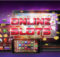 the words online slots in red with two smartphone screens of slots. everything is against a purple background.