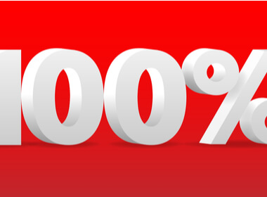 The number 100% in large white numbers and symbol against a red background