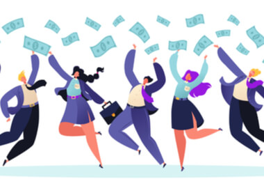 caricatures of several men and women jumping for joy after winning a big jackpot as paper money flies around them
