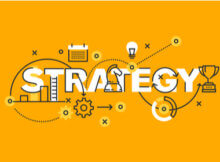 a graphic about Strategy as a process involving light bulb for inspiration, gears for synergy, and a battery for energy