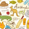 a collage of symbols of Australia such as a crocodile, koala bear, boomerang, kangaroo, walkabout hat, and surfer.