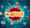 the word casino in large gold letters against a red chip with a background of chips and dice in orbit around the word casino