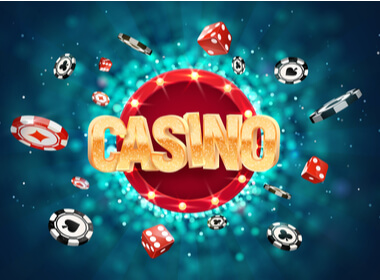 the word casino in large gold letters against a red chip with a background of chips and dice in orbit around the word casino