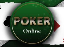 the words Poker Online in grey and light blue against a green background and fanned by two royal flushes