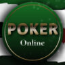 the words Poker Online in grey and light blue against a green background and fanned by two royal flushes