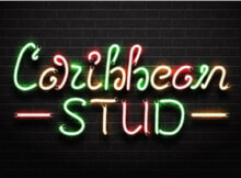 the words Caribbean Stud in pink and green neon and fancy calligraphy