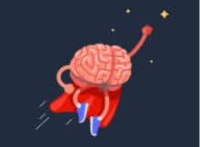 a brain with arms and legs and a red cape flying to the stars demonstrating the great range of humor