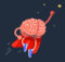 a brain with arms and legs and a red cape flying to the stars demonstrating the great range of humor