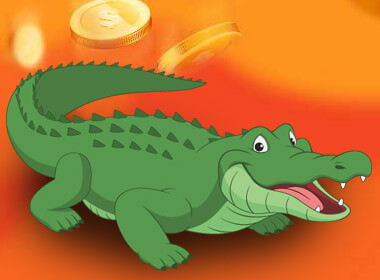 a smiling giant green crocodile with a pinkish tongue