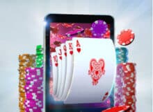 Royal Flush popping out of a smartphone with colored chips all around. A Royal Flush shows the benefits of playing video poker