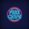 the words free chips in a kind of neon light font with light blue letters and a purple and blue background