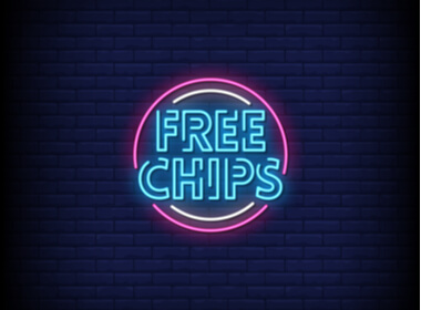 the words free chips in a kind of neon light font with light blue letters and a purple and blue background