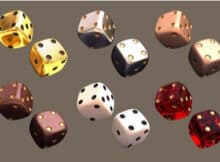 sets of dice in different colors: gold, grey, white, peach, red, and brown representing the casino game craps.