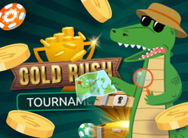 PlayCroco mascot crocodile witht eh Gold Rush Tournament logo with coins and cash flying around
