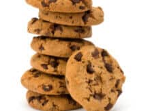 chocolate chip cookies stacked up like poker chips