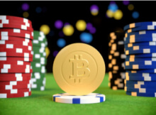 a golden bitcoin at the center with blue, black, green, and red casino chips at the bitcoin's side