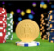 a golden bitcoin at the center with blue, black, green, and red casino chips at the bitcoin's side