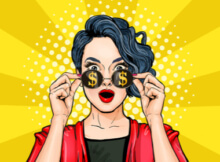 Retro cartoon drawing of a surprised women removing her glasses with dollar signs on the glasses lenses.