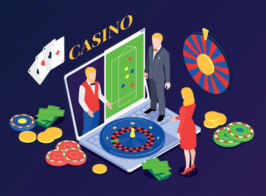 drawings of three people playing at a laptop casino with dice, cards, chips, and wheels in the scene