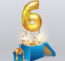 gold balloon in the shape of 6 coming out of a blue gift box with gold confetti