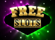 the words FREE SLOTS against a background of neon purple and green with many stars all around