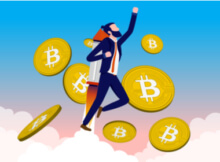 a bearded man with a small pony tail with a rocket on his back as he soars above the clouds on the strength of bitcoins