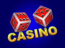 two red die against a solid blue background with "CASINO" in yellow beneath the dice.
