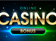 the words online casino bonus with "casino" in a very large font. In the background are many small and larger "stars".