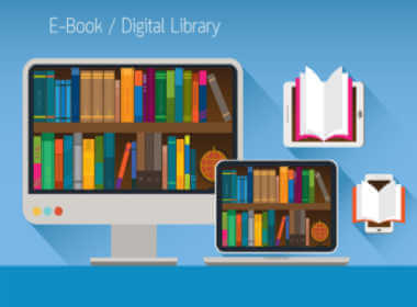 penggambaran perpustakaan virtual yang diatur di layar komputer, bukan di rak buku biasa.