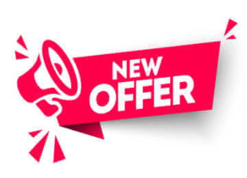 a megaphone announcing New Offers in white on a red background