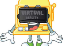 virtual reality in dark grey as VR glasses on a man inside a screen. He has a big smile on his face and short arms and legs